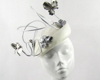 Bespoke White & Silver Metal Swirl Pillbox Hat for Wedding, Ascot, Kentucky Derby, Galway Races, Dubai World Cup, Melbourne Cup