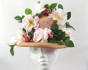 Rose and Lace Trim Rolled Parisisal Straw Hat for Wedding, Races, Royal Garden Party, Special Occasion