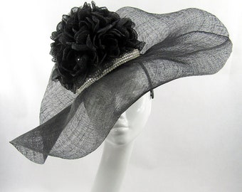 Black Sinamay Flower & Diamanté Headdress for Wedding, Races, Royal Garden Party, Special Occasion