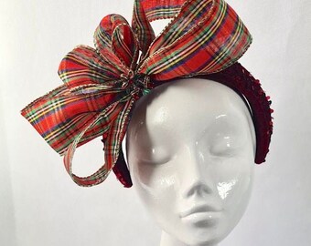Samt-Pailletten-Stirnband mit Tartan-Schleife für Hochzeiten, Rennen, besondere Anlässe oder Weihnachten