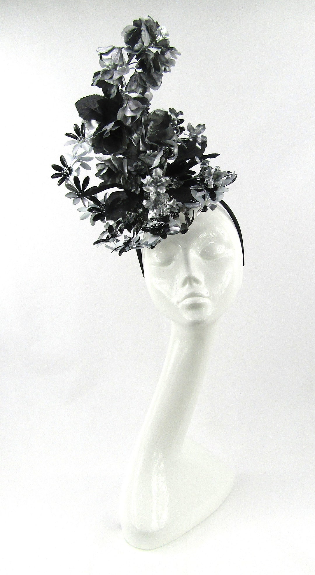 Bespoke Black and Silver Metal Daisy Headdress Wedding Hat Royal Ascot