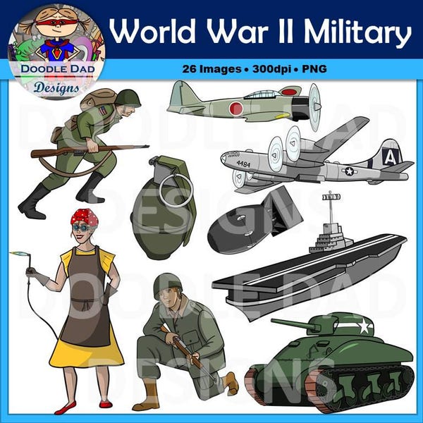 World War II Military Clip Art (World War 2, Soldiers, Plane, Aircraft Carrier)