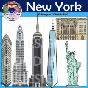 May include: A set of 12 digital illustrations of New York City landmarks, including the Empire State Building, the Chrysler Building, the Statue of Liberty, and the World Trade Center. The illustrations are in a cartoon style and are perfect for use in scrapbooking, card making, or other craft projects.