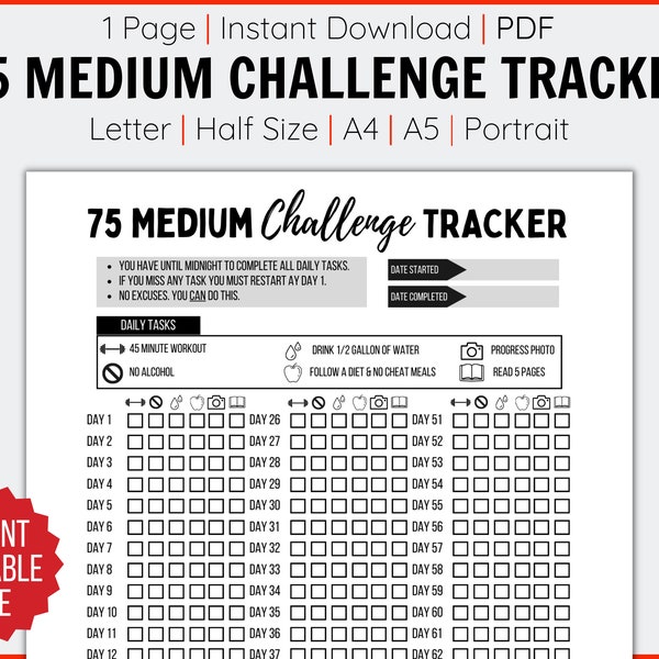 75 Medium Tracker, Portrait, 75 Medium Challenge, 75 Medium Printable,  75 Day Challenge, 75, Page, Instant, A4, A5, Half Size, Letter, PDF
