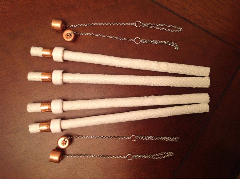 set of 4 or set of 6 Tiki torch wicks with wick holders and copper snuffer caps with chain