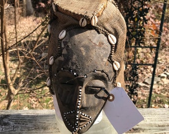 Beautiful Antique African Hand Carved Ornate Kuba Helmet Mask, Wall Sculpture - Ivory Coast Africa Safari Decor # W-35/woman or child mask