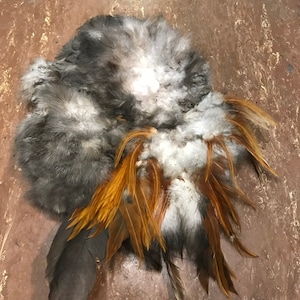 May include: A close-up of a gray and brown bird feather with a long tail feather. The feathers are arranged in a circular shape and are lying on a brown surface.