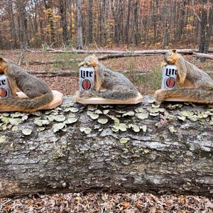 May include: Three taxidermied squirrels, each posed with a can of Lite beer, are displayed on a weathered log. The squirrels have gray and brown fur, and the beer cans are silver with a red and orange logo. The background is a forest.