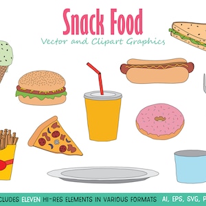 Snack food clipart set. Hand drawn clip art of fast food snacks for Commercial or Personal Use. High Res JPG, PNG and Vector formats