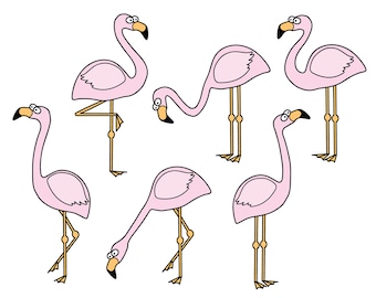 Pink Flamingo Clipart Set, Hand Drawn Clip Art Illustrations of tropical flamingos - Personal or Commercial use JPG, PNG and Vector download