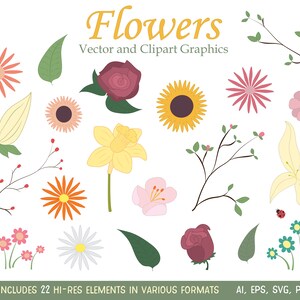 Flowers Clipart Set - Floral Clip Art Collection for Commercial or Personal Use, High Res, JPG, PNG and Vector formats