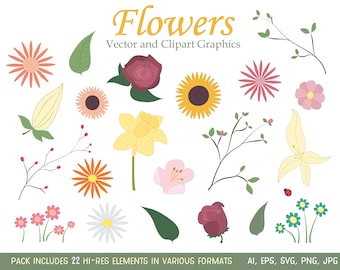 Flowers Clipart Set - Floral Clip Art Collection for Commercial or Personal Use, High Res, JPG, PNG and Vector formats