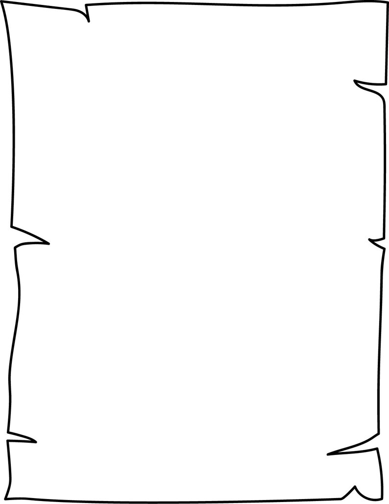 Puede incluir: Un pergamino blanco en blanco con un borde tosco dibujado a mano. El pergamino es perfecto para agregar tu propio texto o ilustraciones.