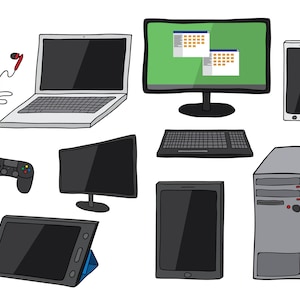 May include: A collection of various electronic devices, including a laptop, desktop computer, tablet, smartphone, game console, and a desktop tower. The devices are all in a cartoon style and are set against a white background.