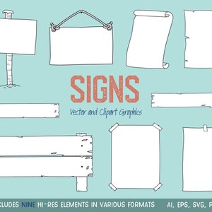 Puede incluir: Nueve ilustraciones en blanco y negro de diferentes letreros, incluyendo un letrero de madera con una cuerda, un rollo, un letrero con un clavo, una tabla de madera y un letrero de papel con cinta adhesiva. El texto "SIGNS" est&aacute; en rojo con una textura desgastada. El texto "Vector and Clipart Graphics" est&aacute; debajo de la palabra "SIGNS". El texto "PACK INCLUDES NINE HI-RES ELEMENTS IN VARIOUS FORMATS AI, EPS, SVG, PNG, JPG" est&aacute; en la parte inferior de la imagen.
