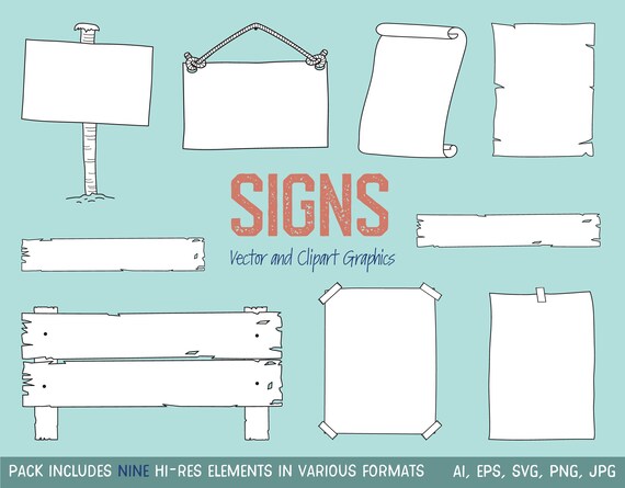 Sign Clipart Set, nine high resolution clip art of frames, borders and signs for commercial and personal use. PNG, JPG and Vector formats