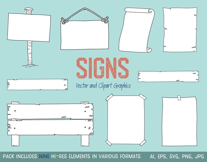 Puede incluir: Nueve ilustraciones en blanco y negro de diferentes letreros, incluyendo un letrero de madera con una cuerda, un rollo, un letrero con un clavo, una tabla de madera y un letrero de papel con cinta adhesiva. El texto "SIGNS" est&aacute; en rojo con una textura desgastada. El texto "Vector and Clipart Graphics" est&aacute; debajo de la palabra "SIGNS". El texto "PACK INCLUDES NINE HI-RES ELEMENTS IN VARIOUS FORMATS AI, EPS, SVG, PNG, JPG" est&aacute; en la parte inferior de la imagen.