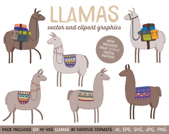 Puede incluir: Seis llamas de dibujos animados con mantas de silla de montar coloridas y equipaje. Las llamas están en varias poses y se colocan sobre un fondo blanco. El texto "LLAMAS" está en la parte superior de la imagen, y el texto "vector and clipart graphics" está debajo. El texto "NOW INCLUDES FOUR BONUS DIGITAL PAPERS!" está en un círculo en la parte inferior derecha de la imagen. El texto "PACK INCLUDES SIX HI-RES LLAMAS IN VARIOUS FORMATS AI, EPS, SVG, JPG, PNG" está en la parte inferior de la imagen.
