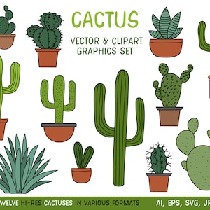 Cactus Clipart Set, Manual Dibujado A mano Clip Art Ilustraciones de Plantas de Cactus del Desierto en Ollas - Uso comercial JPG, PNG y Vector descarga