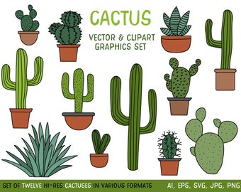 Cactus Clipart Set, Hand Drawn Clip Art Illustrations of Desert Cacti Plants in Pots - Commercial use JPG, PNG and Vector download