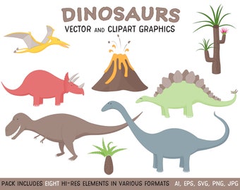 Puede incluir: Un conjunto de ocho ilustraciones de dinosaurios de dibujos animados, que incluyen un pterodáctilo, un triceratops, un estegosaurio, un braquiosaurio y un volcán. Los dinosaurios son de varios colores, incluidos el verde, el rojo, el marrón, el amarillo y el azul. Las ilustraciones son perfectas para usar en libros para niños, materiales educativos o manualidades.