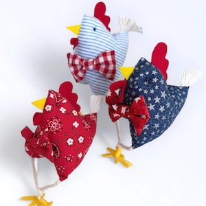 Summer Farmhouse Patriotic Chickens - Stuffed Chickens - Tier Tray Chicken - Kitchen/Farmhouse Chickens - Bread Bowl Chickens