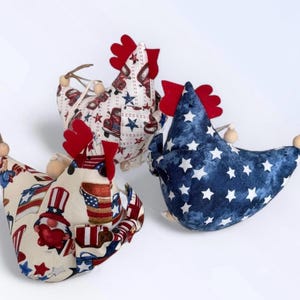 Patriatic Chickens On Twine - Door Hanger Garland - Stuffed Chicken - Tier Tray Chicken - Kitchen/Farmhouse Chicken - 4th Of July Chickens