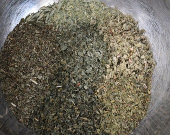 Greenman Nourishment Tisane (Herbal Tea) Oatstraw, Lemonbalm leaf, Nettle Leaf, Marshmallow Leaf, Blackberry Leaf, Cornflower, and Spearmint