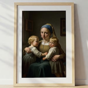 Arte de parede para mãe | Pintura de uma mãe e suas duas pequenas sombras | Arte da maternidade | Presente para mãe de gêmeos | Arte de parede para impressão