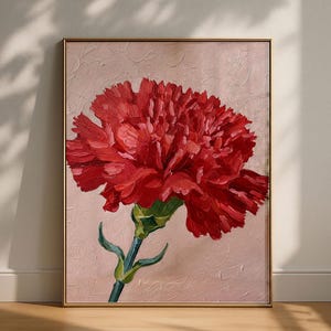 May include: A framed oil painting featuring a single vibrant red carnation with thick, textured brushstrokes. The flower has a green stem and calyx, set against a solid, light pink background with a visible, impasto-style paint application.