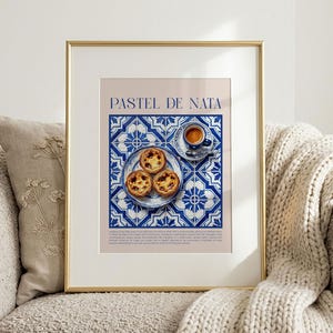 Lámina de pastel de nata, póster de tarta de crema portuguesa, arte mural de azulejos para cocina, regalo para amantes de la gastronomía, decoración azul y blanca (descarga digital)