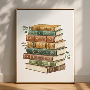 Stack of Books Painting: Sage Green Bookworm Print (Digital Download)