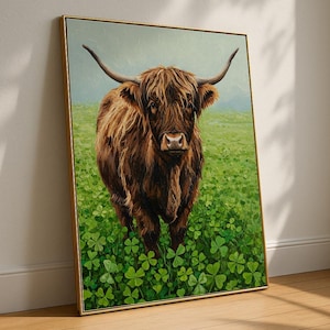 Highland Cow Oil Painting Print: Irish Clover Field (Digital Download)