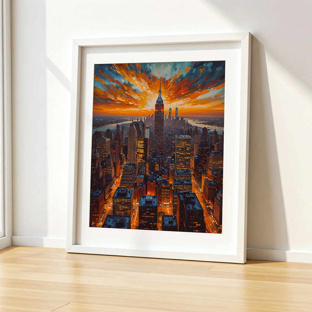 New York Sunset Painting | Skyline Oil Painting | New York City Poster ...