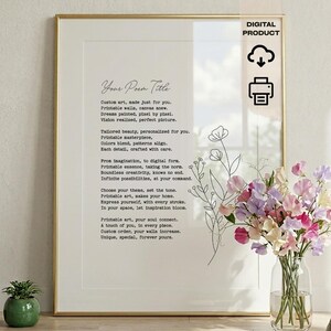 May include: A framed print with the text "Your Poem Title" and a poem. The print is in a gold frame and features a floral illustration. A vase of colorful flowers sits to the right, and a small potted plant is on the left.