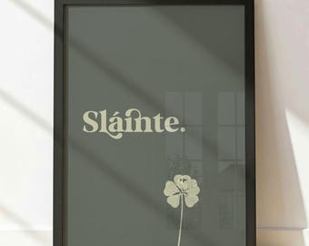 Sláinte Irish Cheers Print, Sage Green Clover Wall Art (Digital Download)