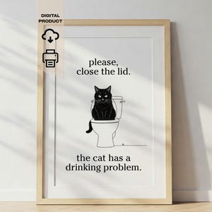 Divertente cartello per il bagno con gatto nero: chiudere il coperchio (download digitale)