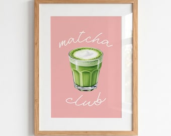Matcha Club Art Print, Green Tea Latte Illustration, Trendy Pink Wall Decor, Coffee Shop Kitchen Poster (Digital Download)