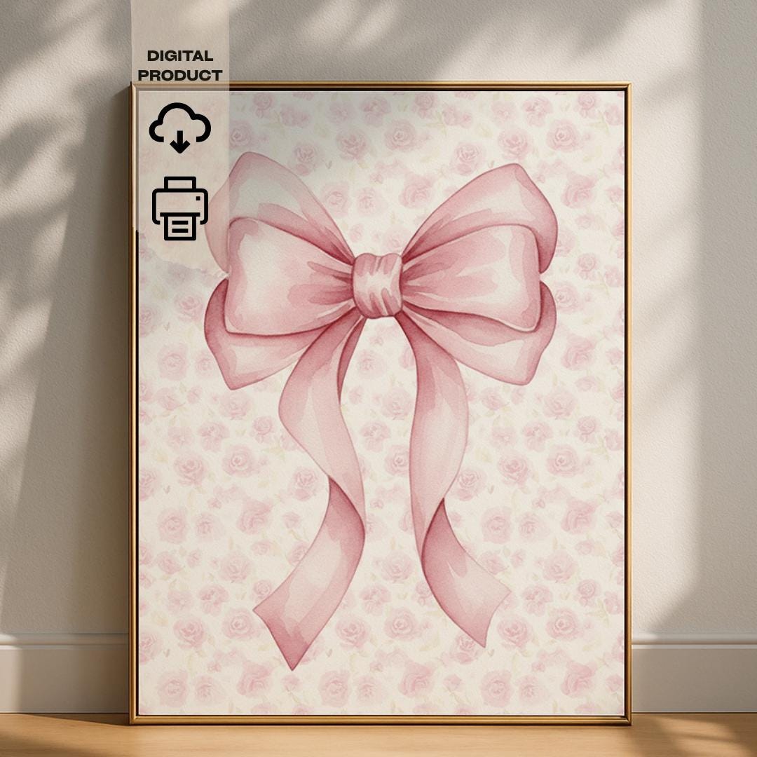 Pink Watercolor Bow Print, Girl Room Decor, Girly Wall Art (digital ...