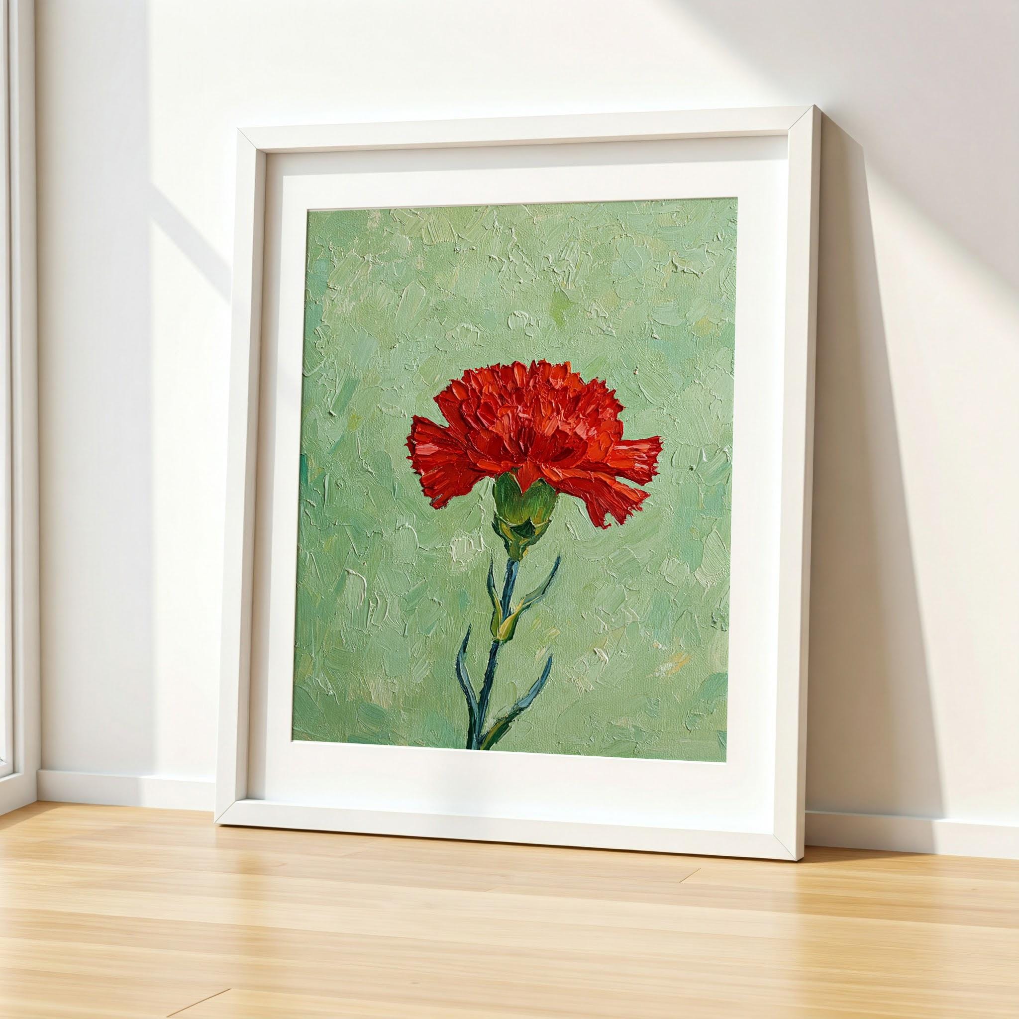 赤いカーネーションの油絵プリント、ボタニカルウォールアート
