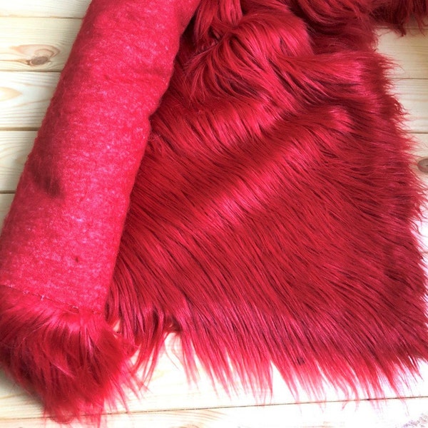 Faux Red Fur Long Pile Fur Fabric for Needlework Toys Clothes Decorations Carnival Costumes