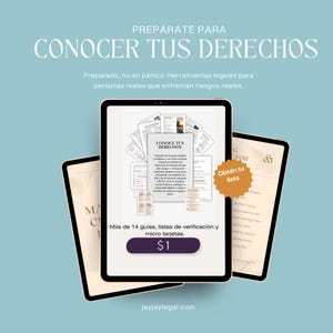 Può includere: Immagine di tre tablet con il testo "CONOCER TUS DERECHOS" e "Obtén tu lista". Il tablet centrale mostra un documento intitolato "CONOCE TUS DERECHOS". L'immagine ha uno sfondo azzurro e include il sito web jayjaylegal.com.
