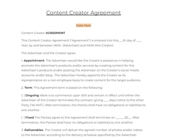 Attorney Created Influencer Content Creator Brand  Contract, Brand Agreement, Influencer Contract ,  Creator Agreement, Brand Deal Template