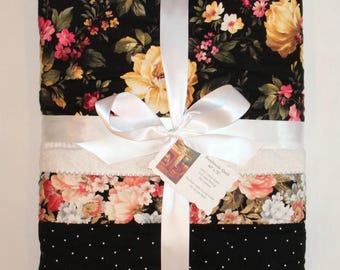 Edredón de algodón negro, rosa y crema - 60 x 72 - Decoración del hogar - Regalo para el Día de la Madre