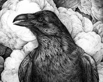 Fire Raven Giclée Print: Limited Edition Pen and Ink Bird Art