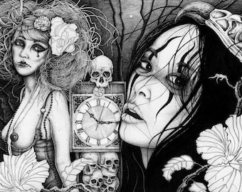 Stampa artistica gotica oscura: Giclée in edizione limitata, teschi e orologio