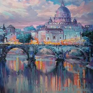 Evening in Rome - Painting italy cityscape Roma, original artwork canvas, Rome Scene art, Impressionist, Acrylic Painting, italian landscape