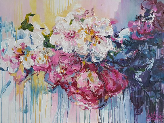 春の花の絵画、オリジナルのアクリルアートワーク、白ピンクの花束植物
