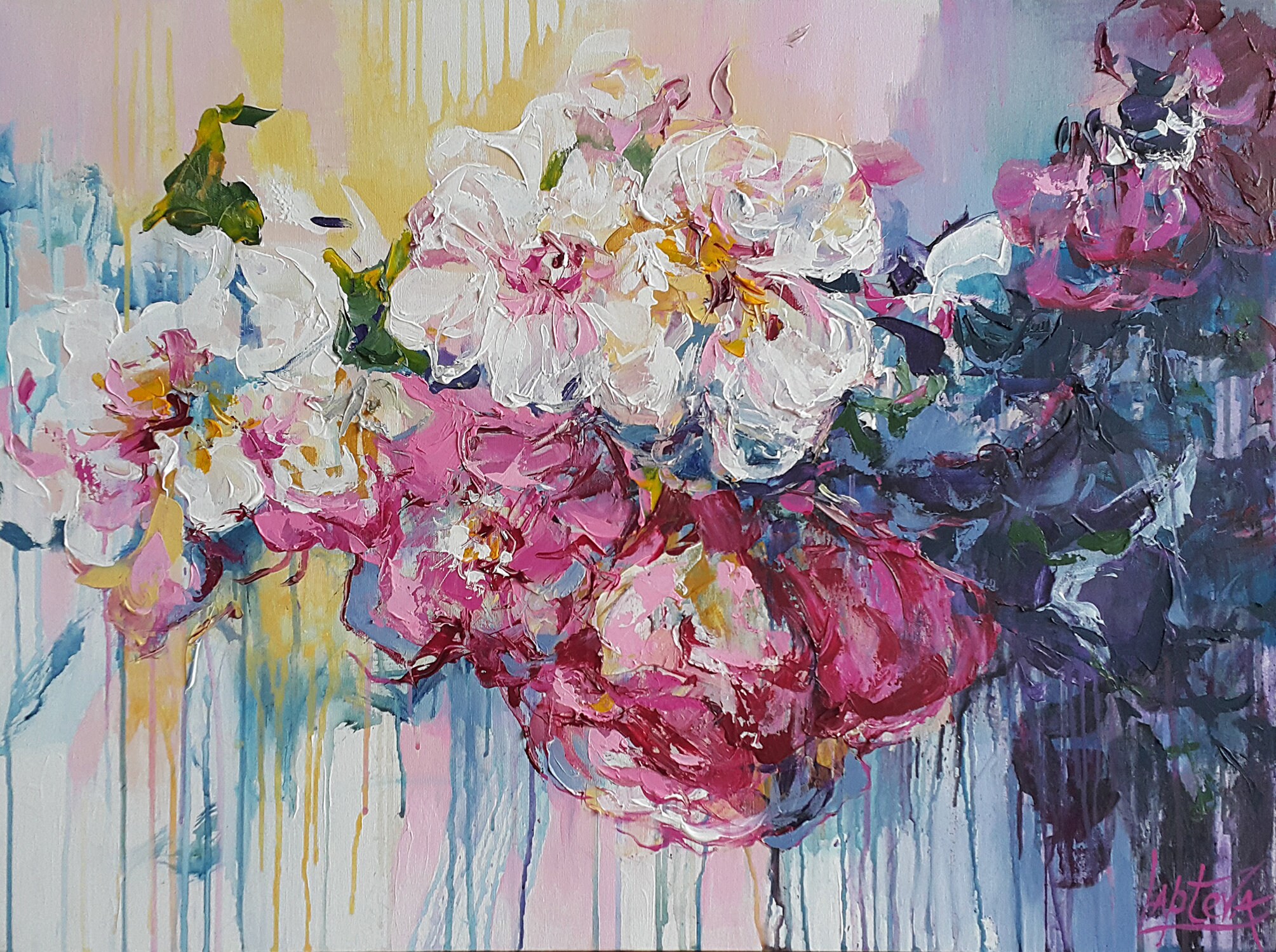 春の花の絵画、オリジナルのアクリルアートワーク、白ピンクの花束植物