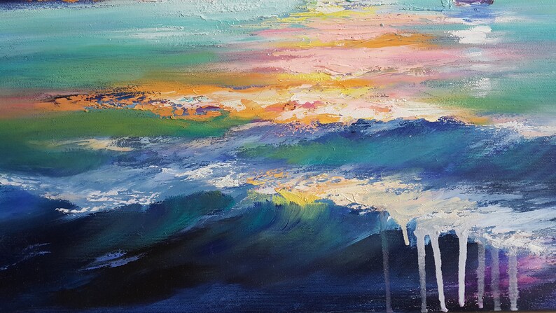 Painting Seascape Blue Ocean harbor evening sunset yachts | Etsy